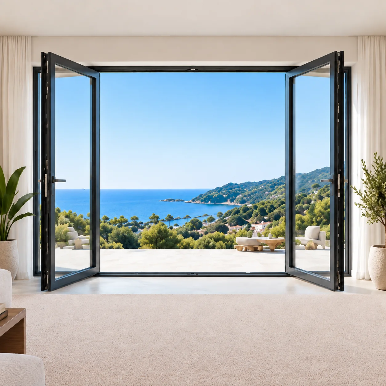 Portas francesas em alumínio abertas para terraço com vista costeira e grande entrada de luz natural