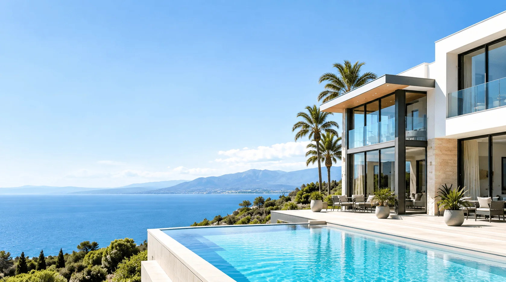 Moradia contemporânea com janelas e portas de alumínio, piscina e vista para o mar em Portugal