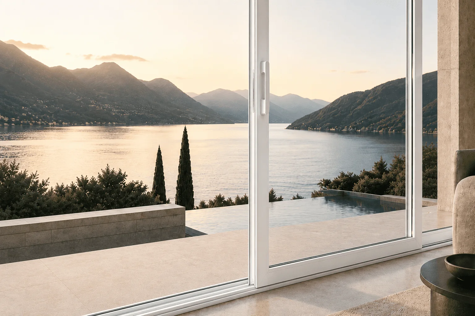 Portas envidraçadas premium com vista panorâmica para lago e montanhas num sistema europeu certificado