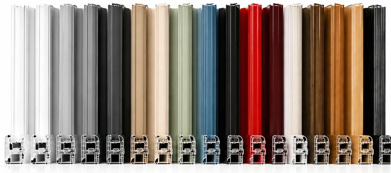Perfis de janelas e portas em PVC e alumínio com acabamentos em várias cores, texturas mate, brilhantes e efeito madeira