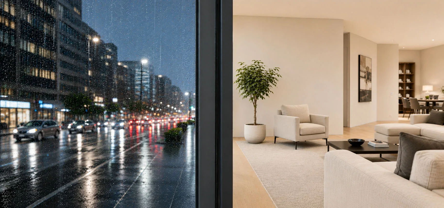 Sala moderna com janela de alto desempenho e vista urbana com chuva