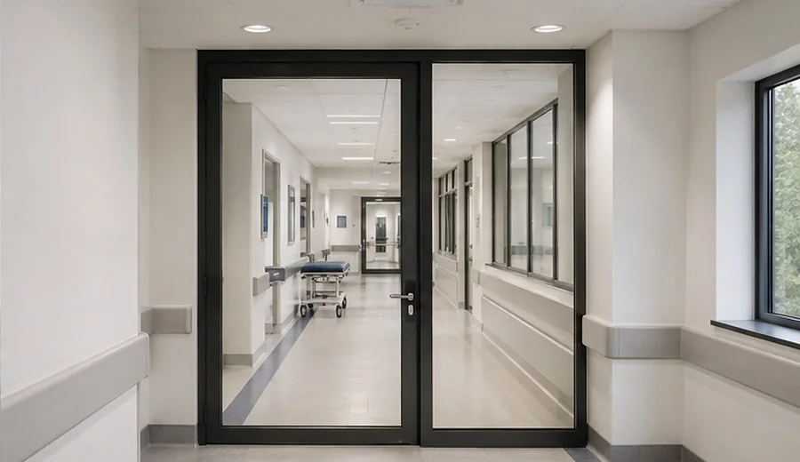 Corredor hospitalar com compartimentação corta-fogo