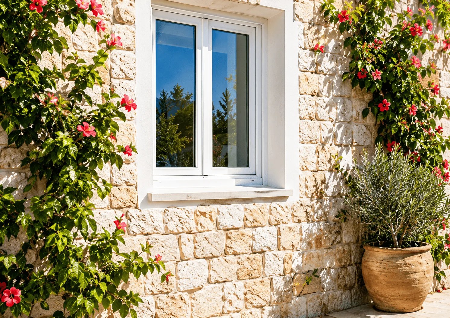 Janela em PVC branco instalada em parede de pedra com flores mediterrânicas, solução de alto desempenho para eficiência energética e conforto em habitações