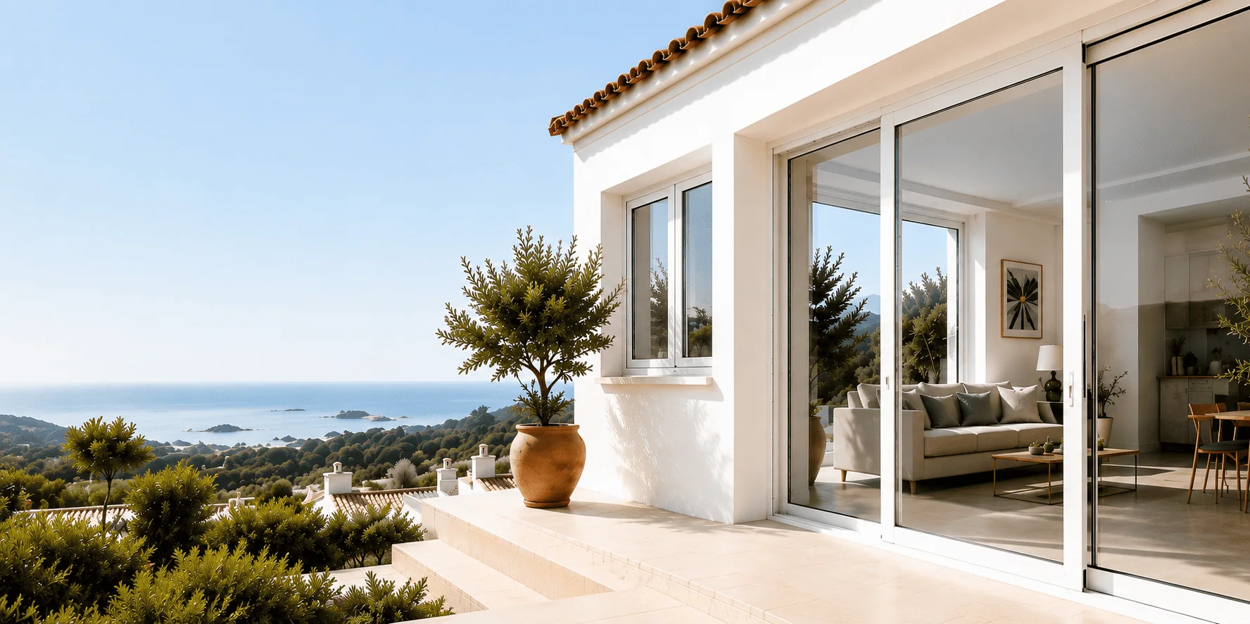 Janelas e portas em PVC de alto desempenho numa moradia costeira com portas de correr panorâmicas, eficiência energética e vista para o mar
