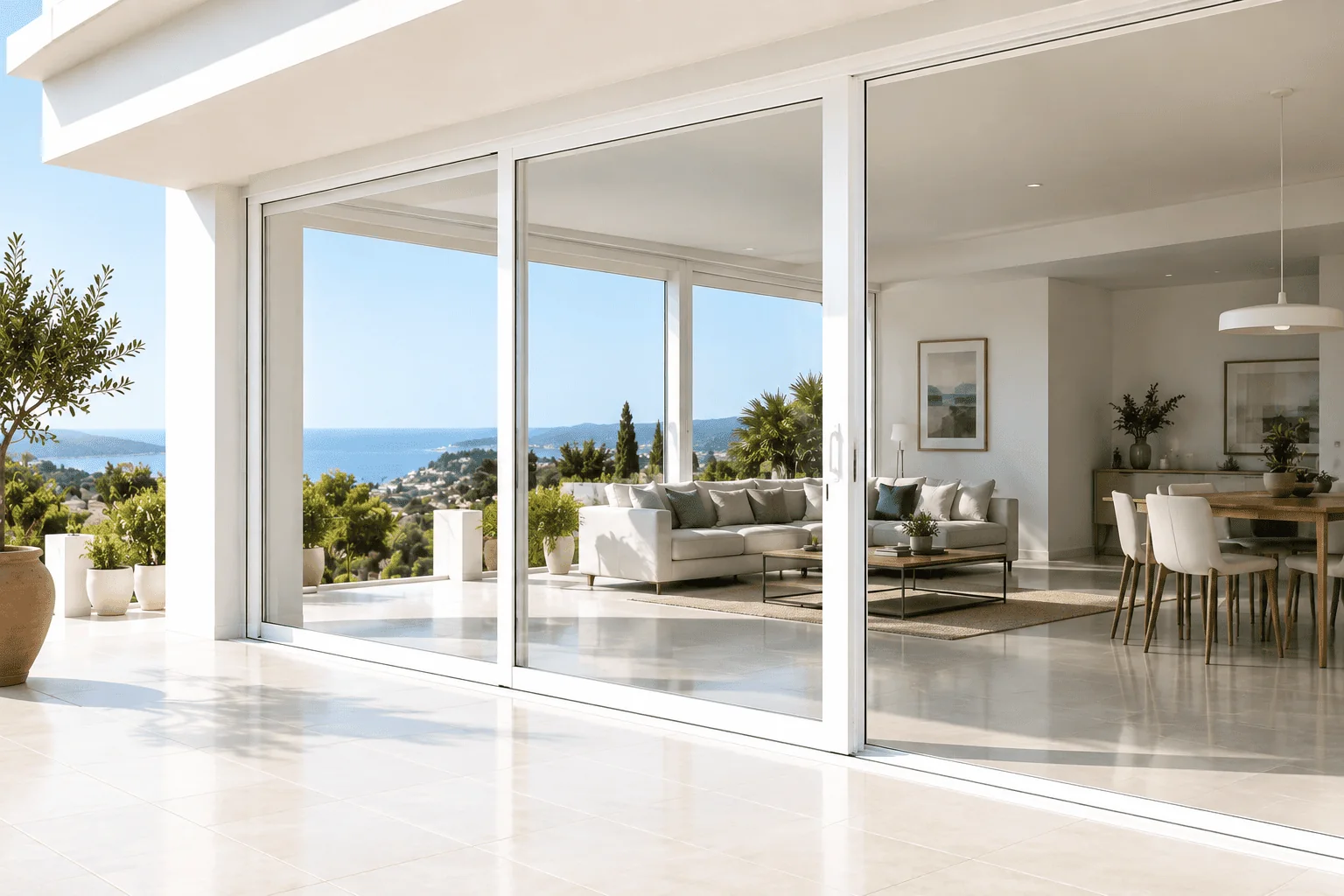 Portas lift and slide em PVC branco com abertura ampla para terraço, vista costeira e sala luminosa, solução premium para grandes vãos, conforto e desempenho térmico