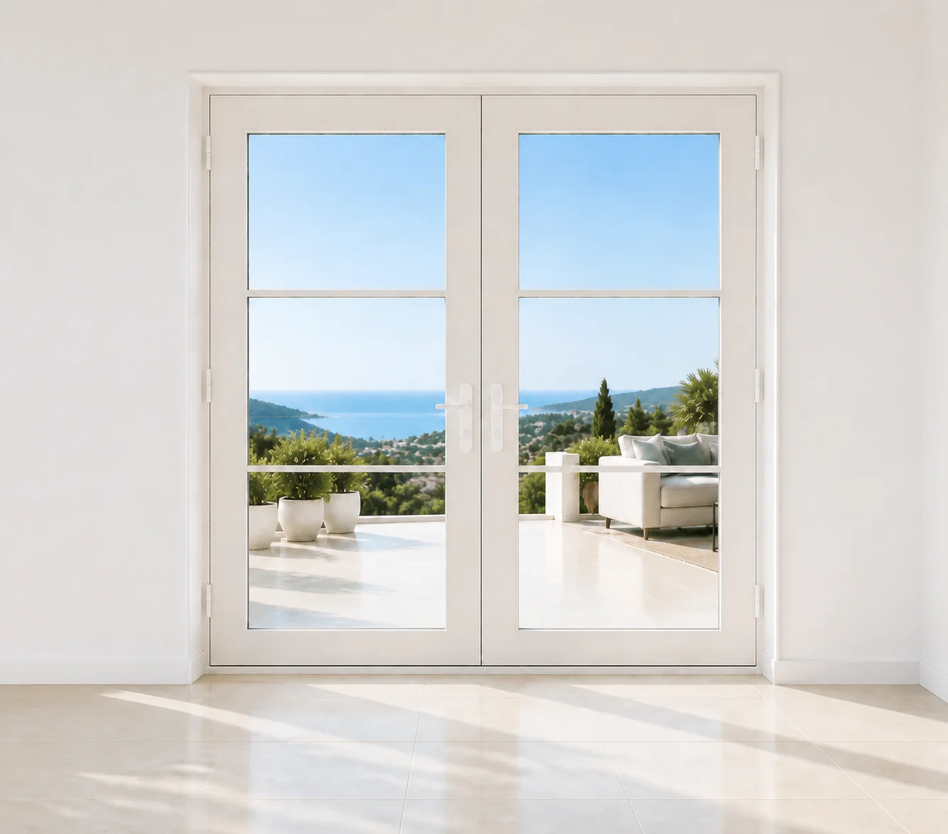 Portas francesas em PVC branco com abertura exterior, vidro duplo e vista costeira, solução residencial eficiente para luz natural, conforto térmico e ligação ao exterior