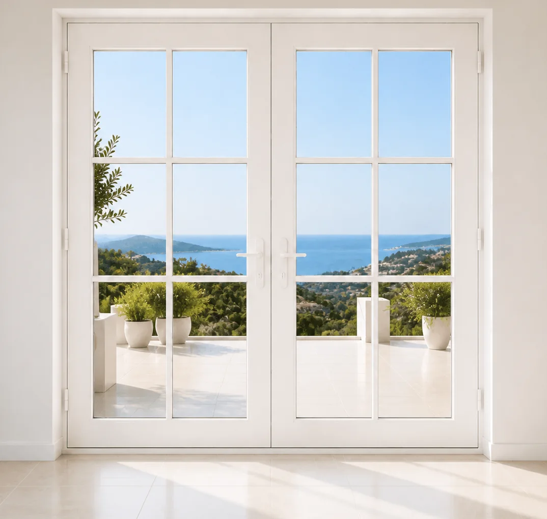 Portas francesas em PVC branco com quadrícula, abertura exterior e vista costeira, solução residencial de alto desempenho para luz natural, isolamento térmico e conforto