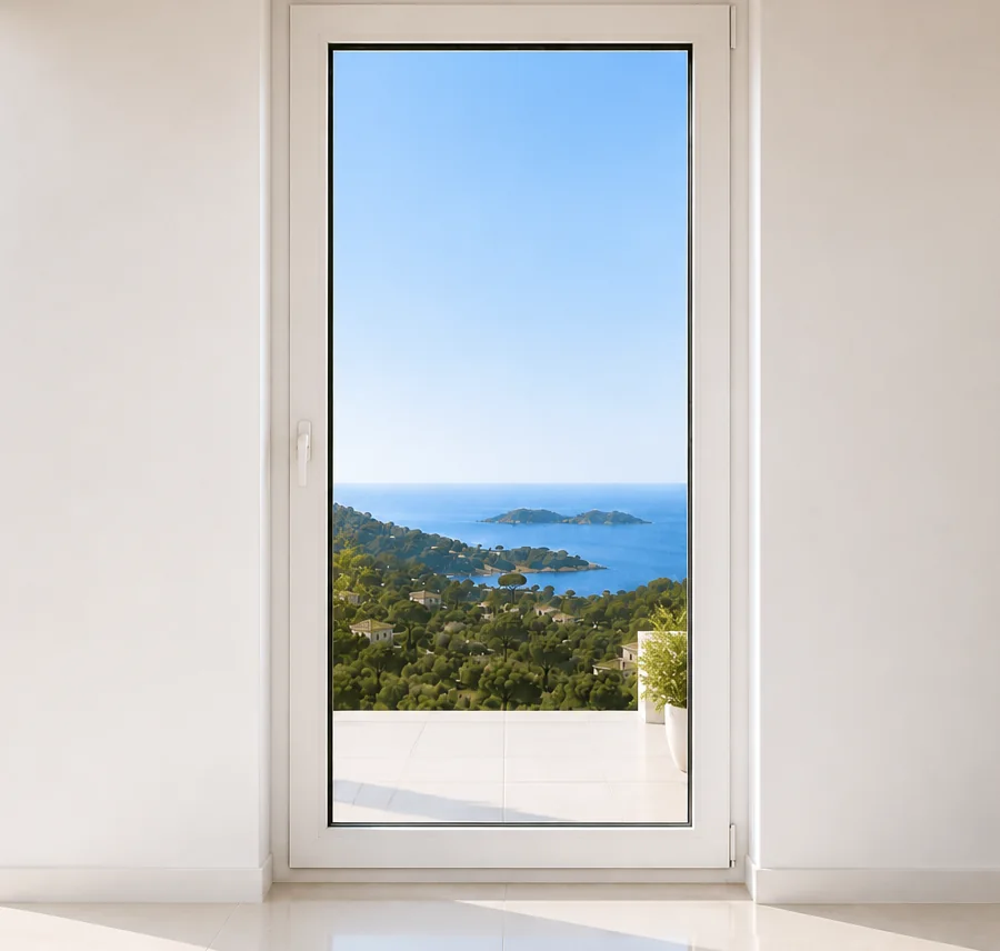 Porta de pátio em PVC branco com abertura exterior, vidro panorâmico e vista costeira, solução eficiente para habitações com elevada luz natural e conforto térmico