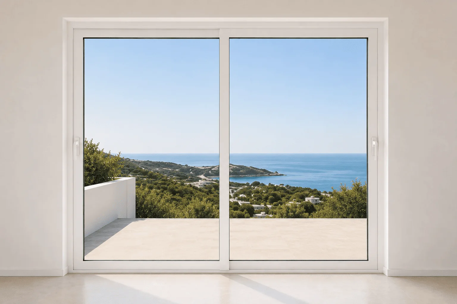 Portas de pátio de correr em PVC branco com grandes painéis de vidro e vista costeira, solução eficiente para ligação ao exterior, luz natural e conforto térmico