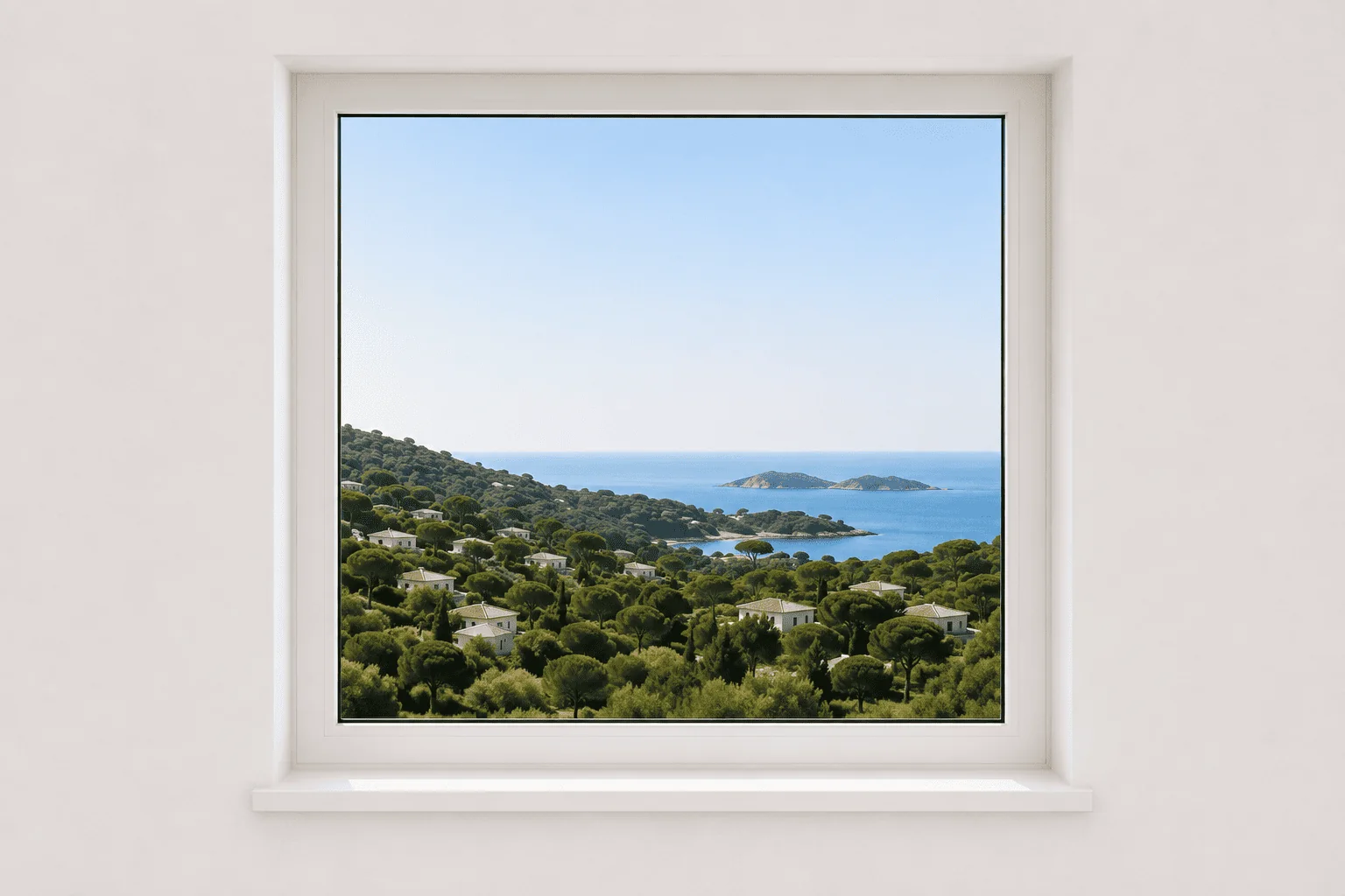 Janela fixa em PVC branco com caixilho fechado e vista panorâmica costeira, indicada para luz natural e excelente isolamento térmico