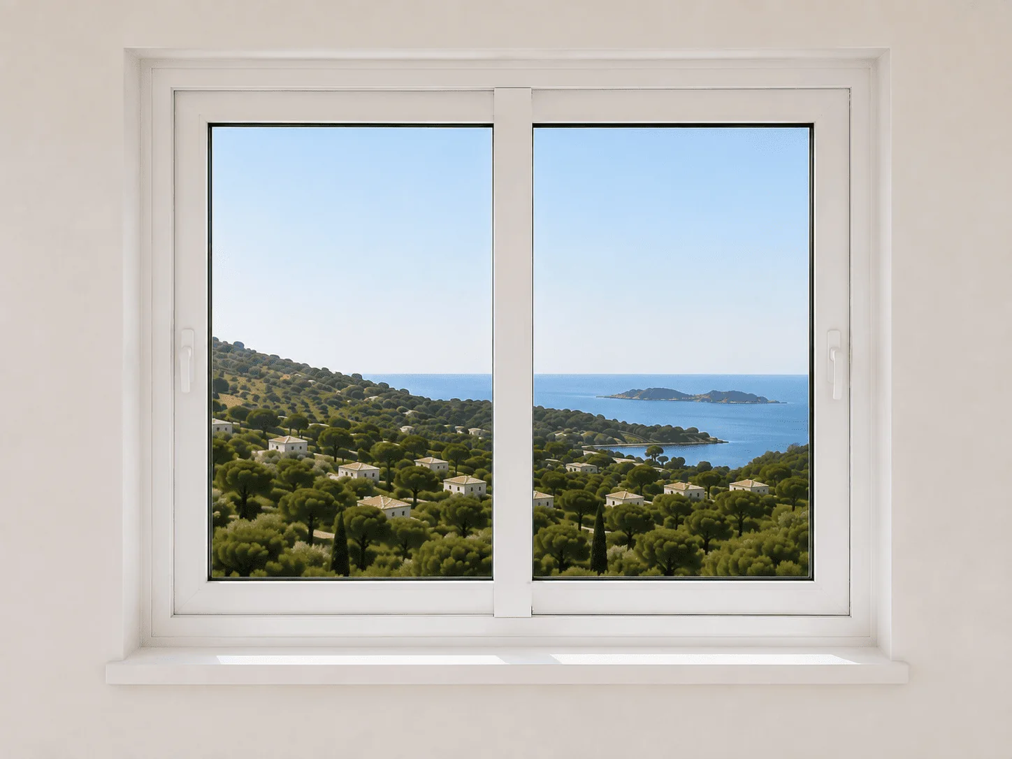 Janela de correr em PVC branco com duas folhas deslizantes e vista costeira, solução eficiente para poupar espaço, melhorar o conforto e maximizar a luz natural