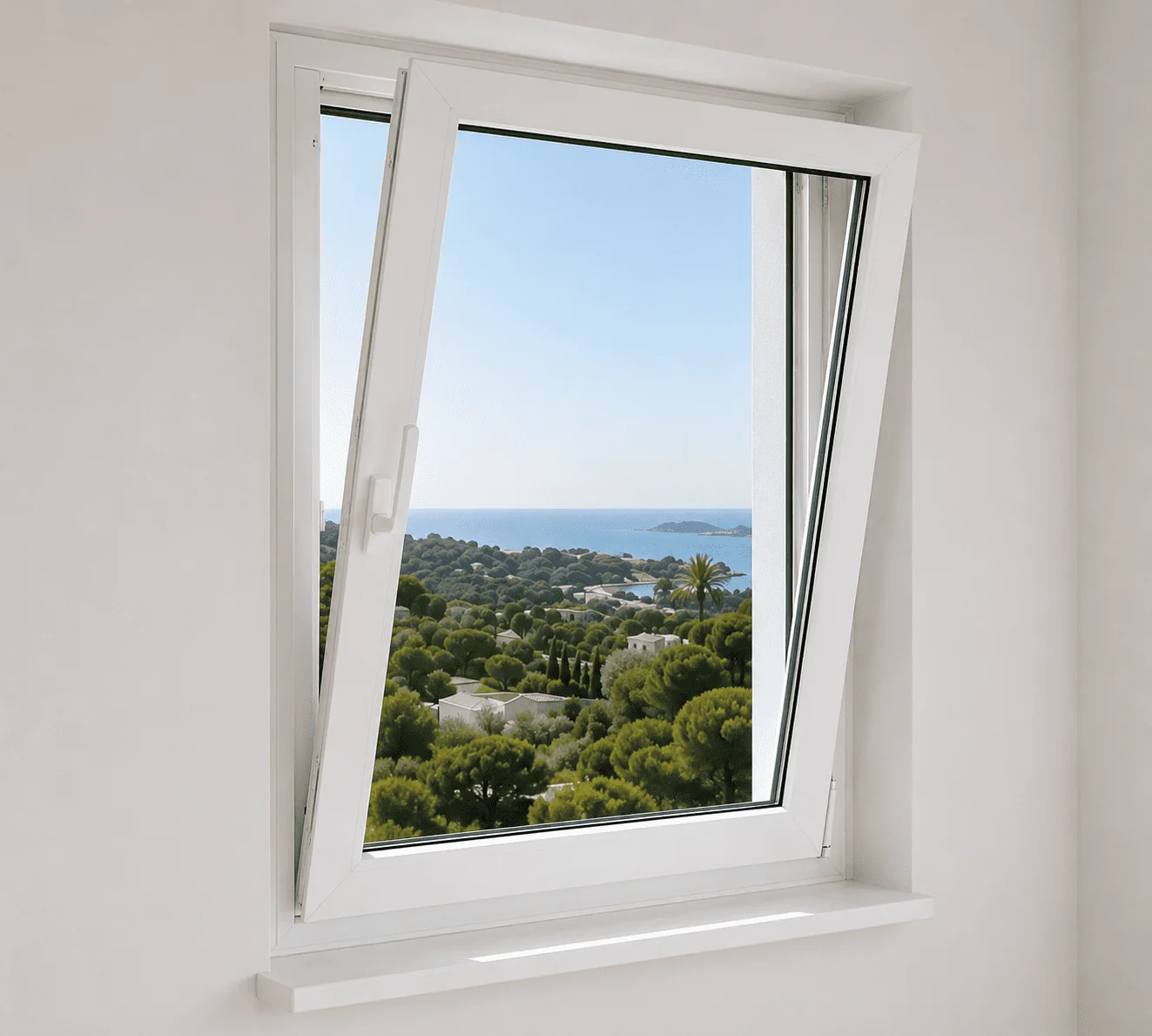 Janela oscilo-batente em PVC branco com abertura inclinada e vista costeira, sistema eficiente para ventilação, isolamento térmico e segurança