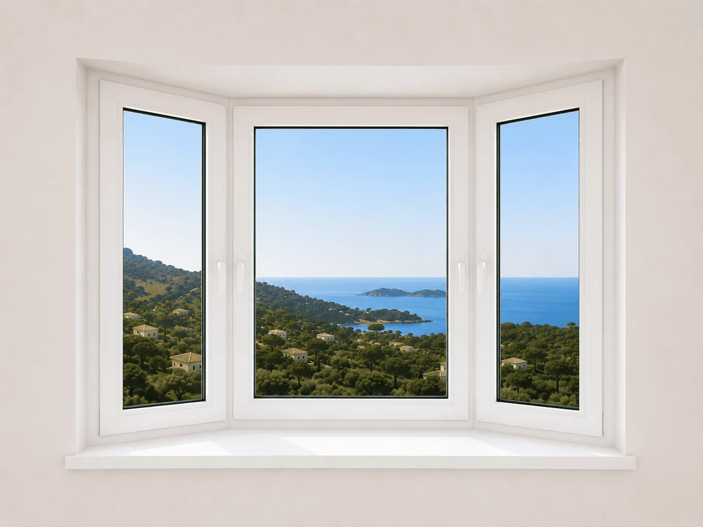 Janelas triple bay em PVC branco com três vãos envidraçados e vista costeira, solução residencial para maximizar luz natural, conforto interior e eficiência energética