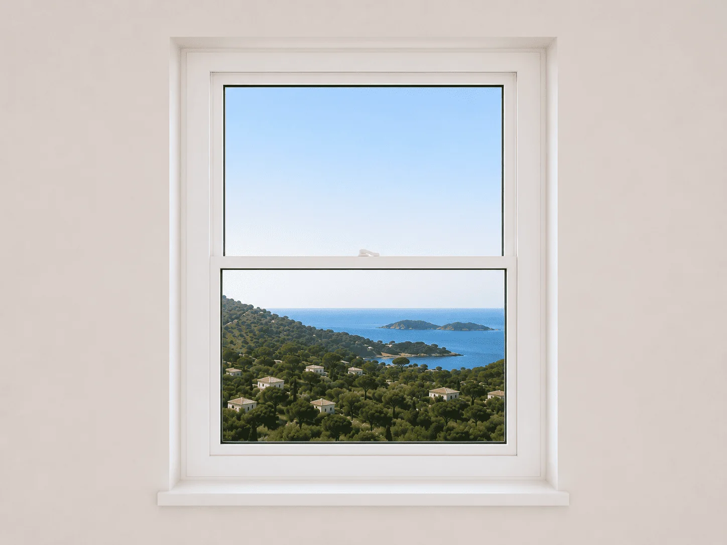 Janela vertical de correr em PVC branco com abertura de guilhotina e vista costeira, solução eficiente para ventilação, poupança de espaço e conforto interior